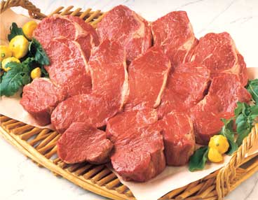 3group1 Bamboo platter with 15 cuts of uncooked beef, including ribeye, New York and filet mignon