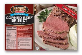 fresh_specialty_old_corned2 Corned Beef Brisket label, Harris Ranch logo, Sliced corned beef, coated with spices, on plate with parsley garnish, Ready to Cook!