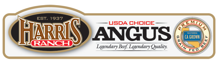 freshbf_cagrown_LBLQ_anguschoice_label_LRG Harris Ranch USDA Choice Angus Label with HR logo and following text: Est. 1937, Legendary Beef. Legendary Quality. Premium Grain-Fed Beef, CA Grown.