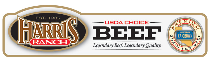 freshbf_cagrown_LBLQ_choicebeef_label_LRG Harris Ranch USDA Choice Beef Label with HR logo and following text: Est. 1937, Legendary Beef. Legendary Quality. Premium Grain-Fed Beef, CA Grown.
