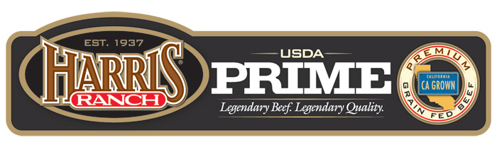 freshbf_cagrown_LBLQ_prime_label_LRG Harris Ranch USDA Prime Beef Label with HR logo and following text: Est. 1937, Legendary Beef. Legendary Quality. Premium Grain-Fed Beef, CA Grown.