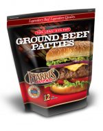 ground_beef_73patties_LRG Unopened bag of 12 Ground Beef Patties, 73% Lean, 27% Fat, Harris Ranch logo and photo of cheeseburger with lettuce, onion and tomato