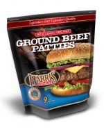 ground_beef_81patties_LRG Unopened bag of 9 Ground Beef Patties, 81% Lean, 19% Fat, Harris Ranch logo and photo of cheeseburger with lettuce, onion and tomato