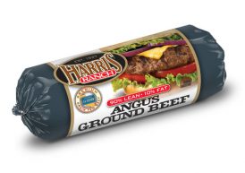 ground_beef_angus_chubs_LRG Black chub package of 90% lean, 10% fat Angus Ground Beef, with Harris Ranch logo, image of cheeseburger with lettuce, onion and tomato