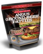 ground_beef_angus_patties81_LRG Unopened bag of 9 Angus Ground Beef Patties, 81% Lean, 19% Fat, Harris Ranch logo and photo of cheeseburger with lettuce, onion and tomato, Legendary Beef. Legendary Quality