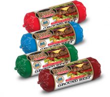 ground_beef_chubs_LRG four packages of chubs in a row, one red, one blue, one green and one rust. All with same Harris Ranch label showing different lean points for each: 93% lean, 7% fat, 81% lean, 19% fat, 85% lean, 15% fat and 93% lean 7% fat. All have photo of cheeseburger with lettuce, tomato and onion