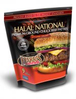 halal_patties81 Unopened bag of 9 Halal National Premium Ground Chuck Beef Patties. Text on packaging: Proudly raised to the highest standards, 81% Lean, 19% Fat, Harris Ranch logo and photo of cheeseburger with lettuce, onion and tomato