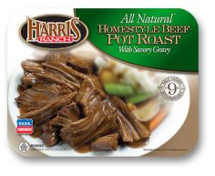precooked_potroast-green_large Package label for Harris Ranch All Natural Homestyle Beef Pot Roast with Savory Gravy, text at top, right of label with image beneath of a serving of pot roast, mashed potatoes and gravy with green veggies