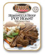 precooked_potroast-white_large Package label for Harris Ranch Natural Homestyle Beef Pot Roast with Savory Gravy, text at top of label with image beneath of a serving of pot roast, mashed potatoes and gravy with green veggies