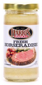 s_fresh_horseradish Glass jar of Harris Ranch Fresh Horseradish with gold lid