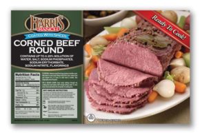 fresh_specialty_corned_beef_round Corned Beef Round label, Harris Ranch logo, Sliced corned beef on plate with carrots and pearl onions, Seasoned with spices, Ready to Cook!