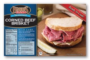 fresh_specialty_mild_cure Seasoned Corned Beef Brisket Label with Harris Ranch logo, Corned Beef Sandwich image. Ready to Cook!